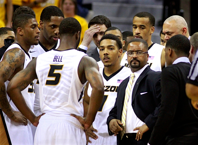 Frank Haith, right, huddles with the team during a time out in the Auburn game. Missouri is 14-0 at home and winless on the road. 