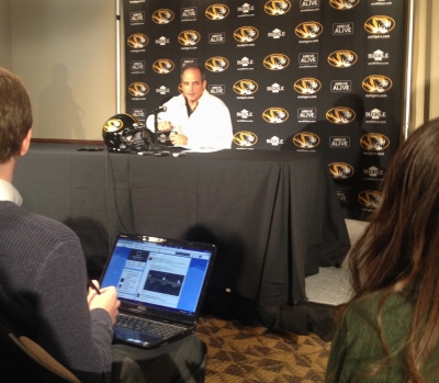 Missouri football coach Gary Pinkel talks with reporters about the 28 recruits Missouri signed during National Signing Day on Wednesday, Feb. 5, 2014 at Mizzou Arena. Photo by Ryan Shiner.