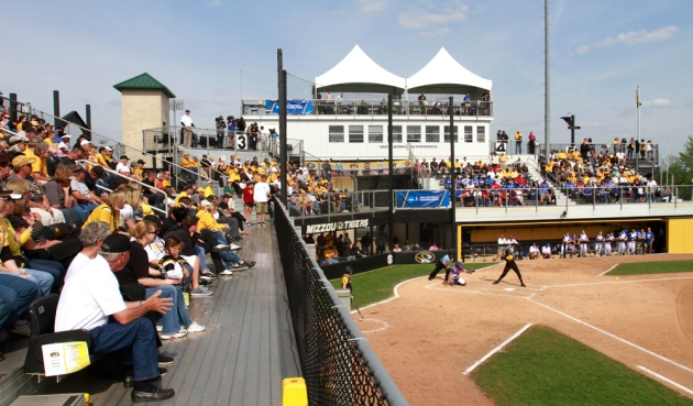 A large crowd takes in a softball game at University Field on May 17, 2014. The facility has a listed capacity of 500 people. The University of Missouri Board of Curators have approved a request for a new softball facility. (KBIA file photo)